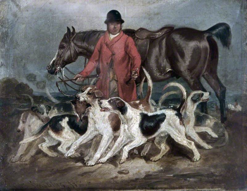 A Huntsman with His Horse and a Group of Hounds
