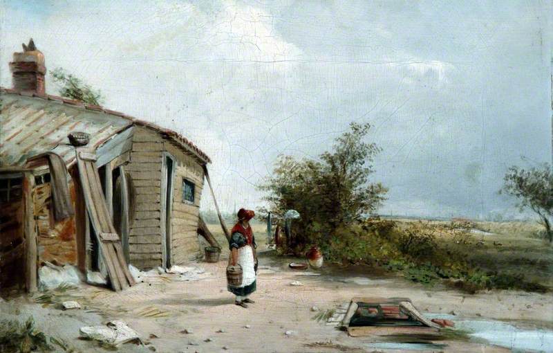 Cottage Scene with a Woman Carrying Buckets