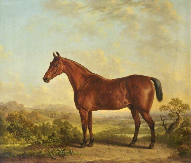 Chestnut Horse in a Landscape with a Fox Hunt