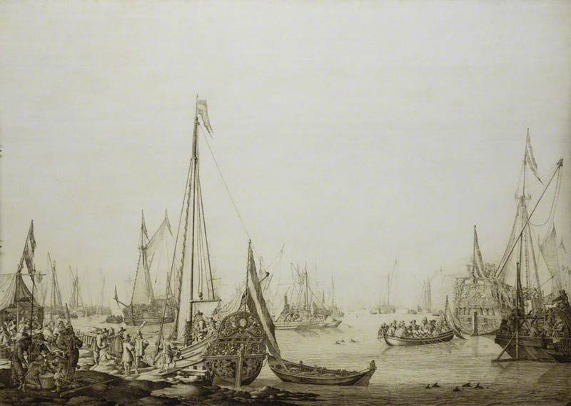 A Dutch Bezan Yacht and Many Other Vessels in a Crowded Harbour beside a Tavern