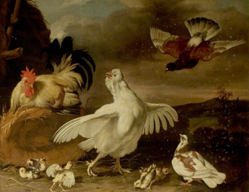 Cock and Hen with Chickens and Pigeons