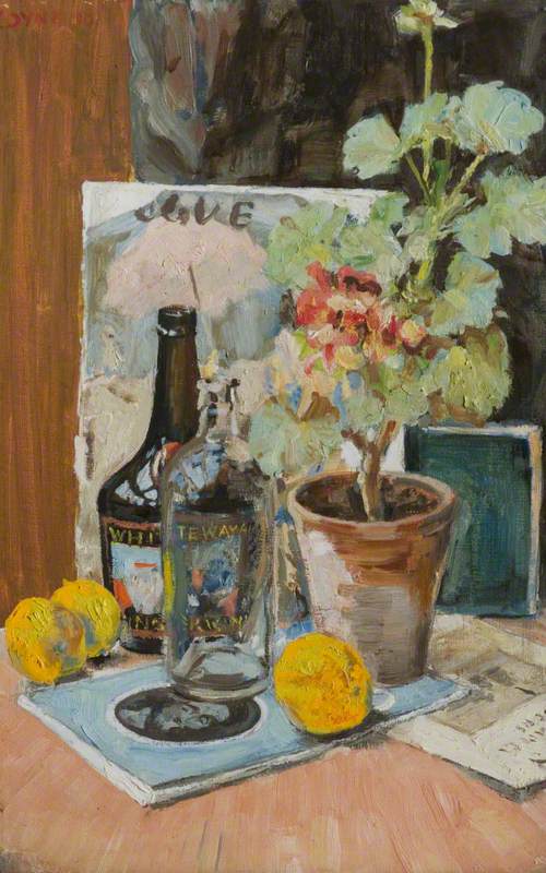 Still Life with Geraniums, Two Bottles and Fruit