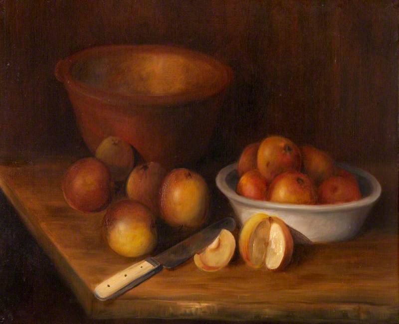 Still Life of Apples with Bowls and a Knife