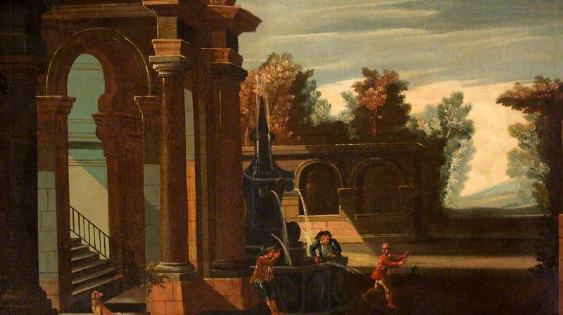 Landscape with Classical Architecture and Three Boys Playing with a Water Surprise