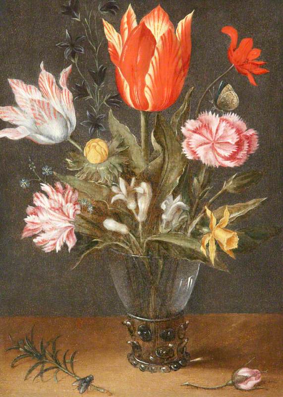 Still Life with Tulips and Carnations in a Glass Vase