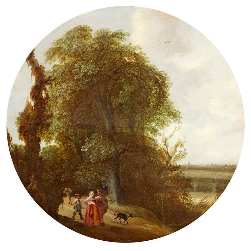 Landscape with Figures Walking along a Country Path, a Distant View of Delft Beyond