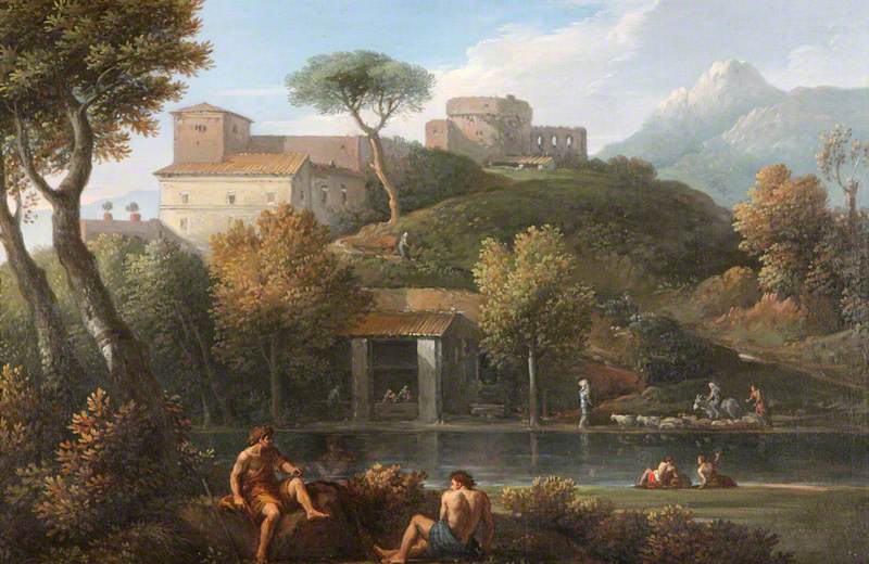 Two Men Conversing by a Lake Beneath a Castle