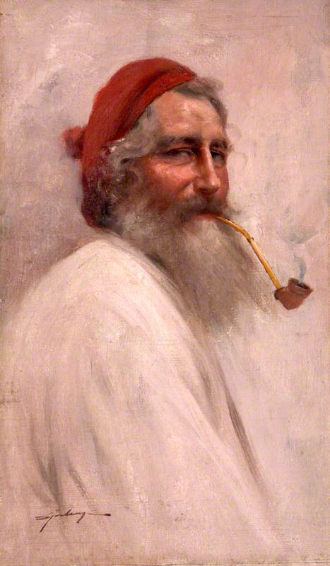 Head and Shoulders of a Balkan Man in a Red Cap Smoking a Pipe