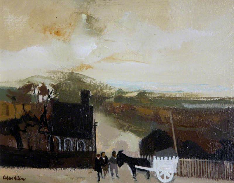 Donkey Cart with Three People, at a Crossroads with a Chapel