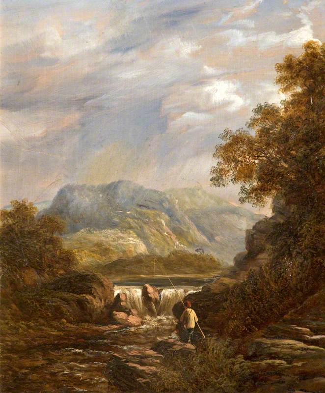A Mountainous Wooded River Landscape with an Angler