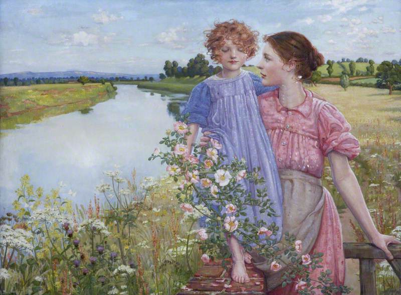 A Mother and Child by a River, with Wild Roses