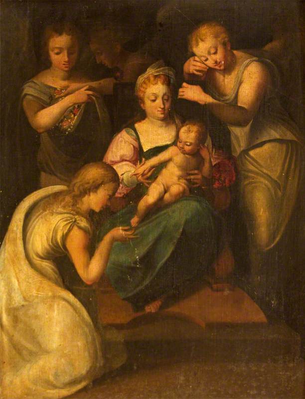 Madonna and Child with a Female Saint and Angels (possibly the Mystic Marriage of Saint Catherine)