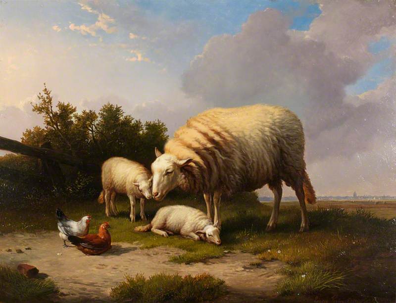 A Sheep, Two Lambs, a Cock and a Hen in a Landscape