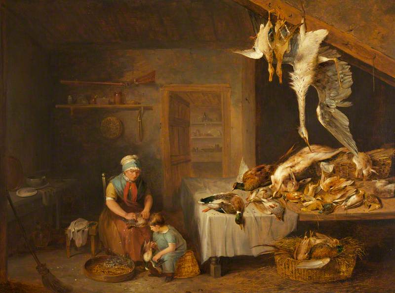 Game Herder with Dead Game, an Old Woman Plucking a Partridge and a Boy