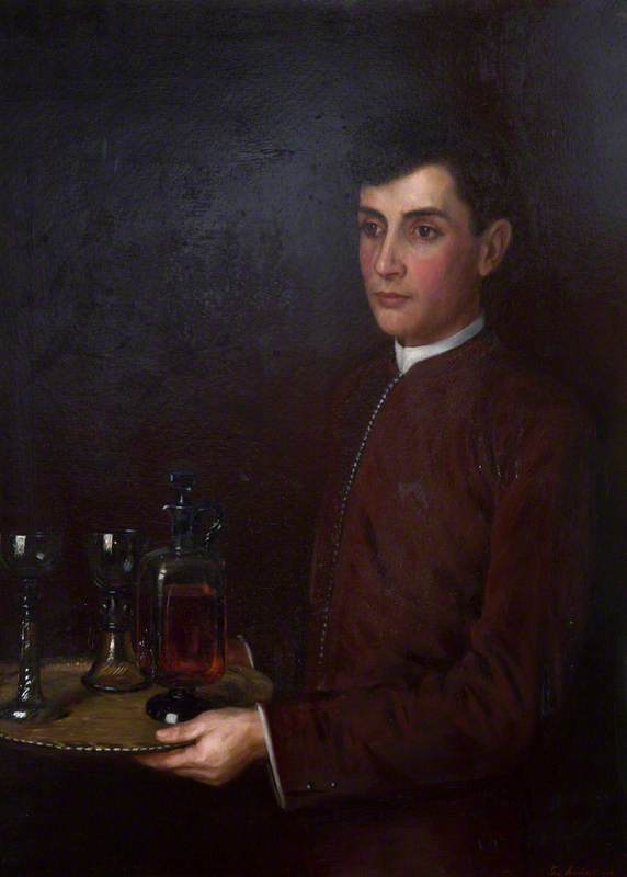 A Young Manservant Carrying a Gilt Tray of Drinks