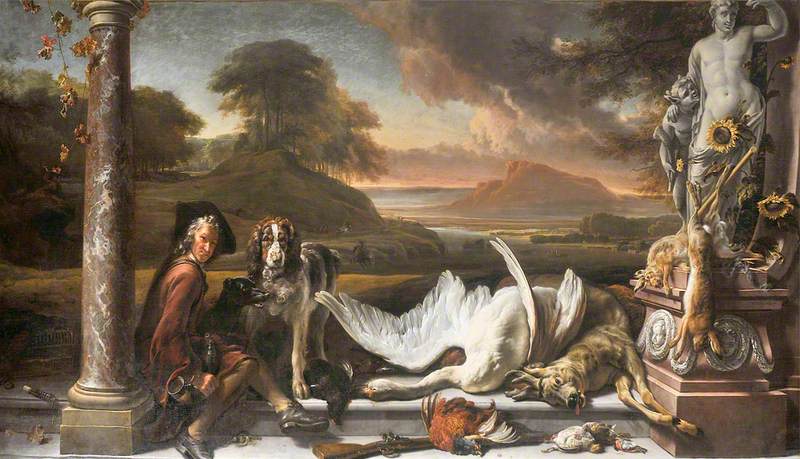 Still Life of Dead Game in a Landscape with a Huntsman