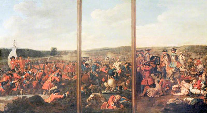 A Triptych of Scenes from the Battle of Blenheim, 1704: (1) The Attack of the Village (2) A Brigade of French Foot Cut Down when Abandoned by Their Horse (3) Prince Eugene of Savoy Attacking the Left Wing of the French Army