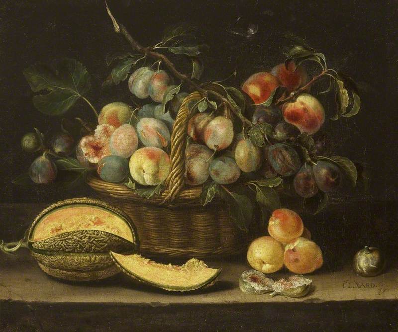 Still Life with a Basket of Plums and Peaches with a Cut Melon