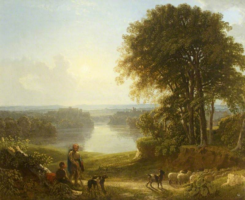 A View of Richmond with Two Shepherds and Sheep on a Road