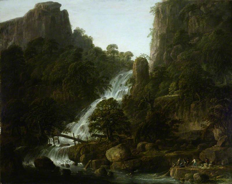 Landscape with a Waterfall between Cliffs with Peasants Netting Fish in the Foreground 