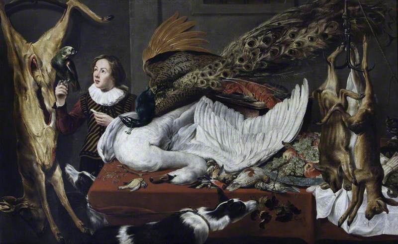 Game Larder Still Life: Hung Game, with a Swan and a Peacock on a Table, and a Page Holding a Parrot