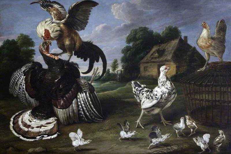 Barnyard Scene: a Cock Attacking a Turkey to Defend a Hen and Her Chicks
