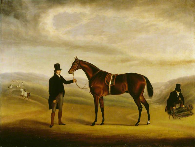A Dark Bay Racehorse Held by a Trainer in a Landscape
