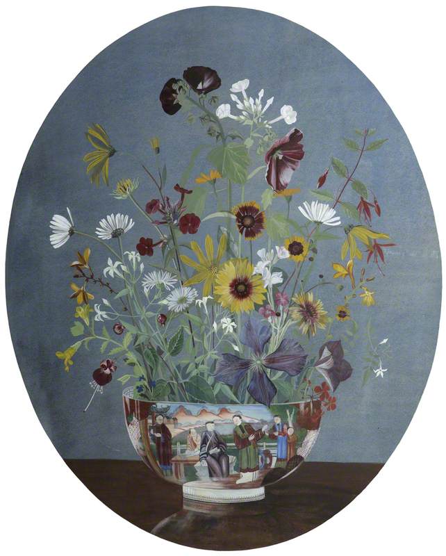 Flowers in a Chinese Bowl on a Ledge