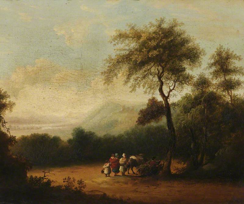 A Wooded Landscape, with Four Figures and a Horse on a Road under a Tree