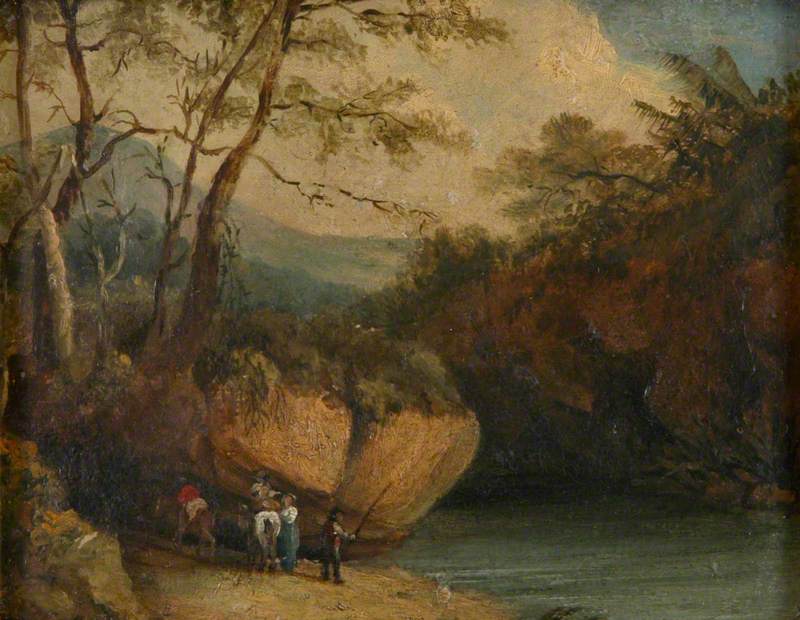 Figures by a Pool in a Rocky Landscape