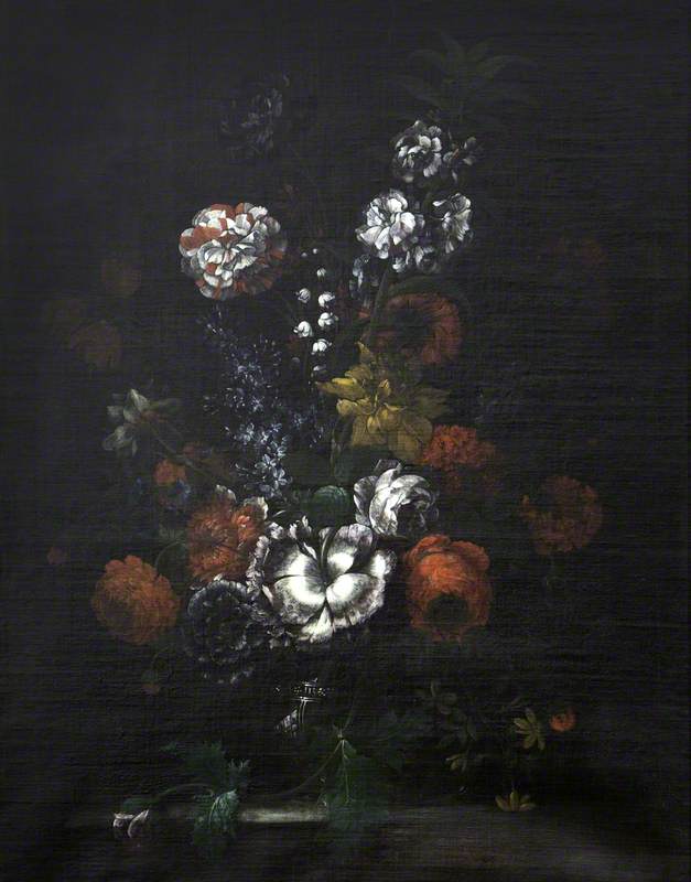 A Vase with Flowers on a Ledge