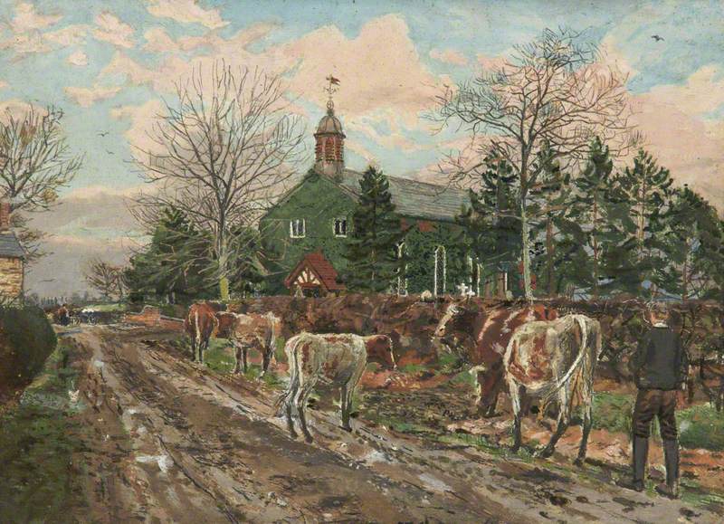 A Boy Herding Cows outside a Church