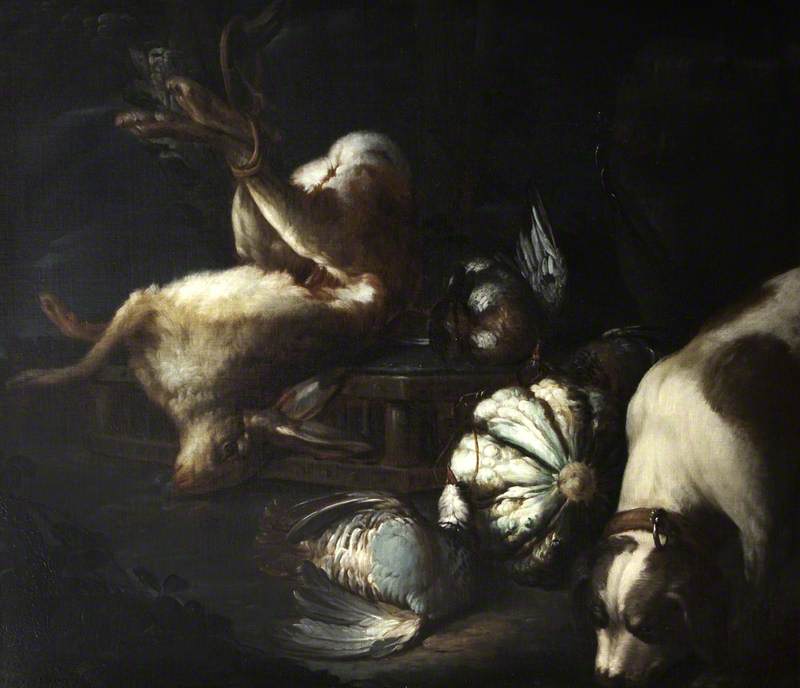 A Dog with a Still Life of Dead Game and Vegetables