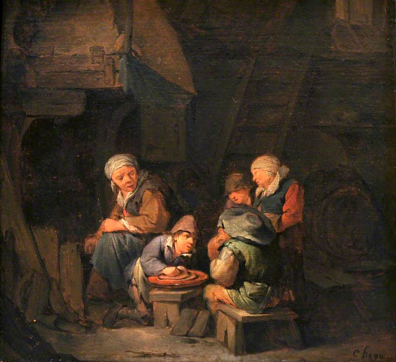 A Cottage Interior with Peasants