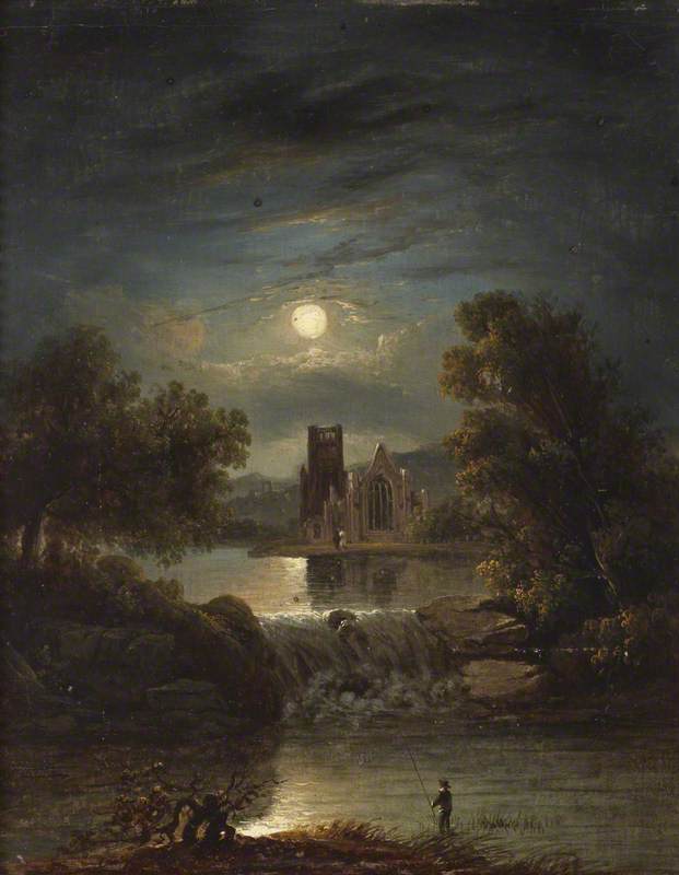 A Moonlit River Scene with a Ruined Abbey, a Waterfall and a Lone Angler