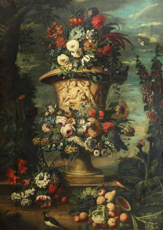 An Urn Filled and Garlanded with Summer Flowers and Autumn Fruit