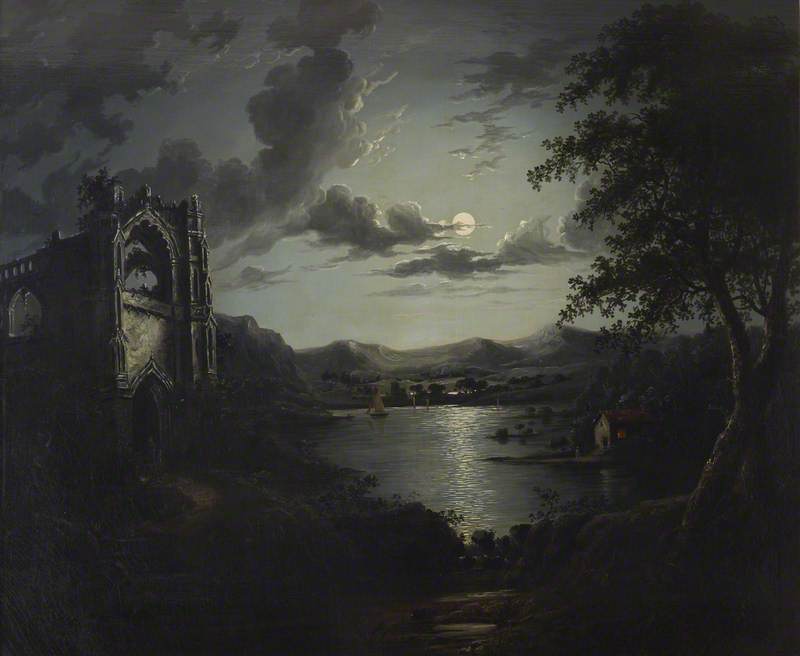 Moonlit Lake, with a Ruined Abbey and a Cottage with an Illuminated Window