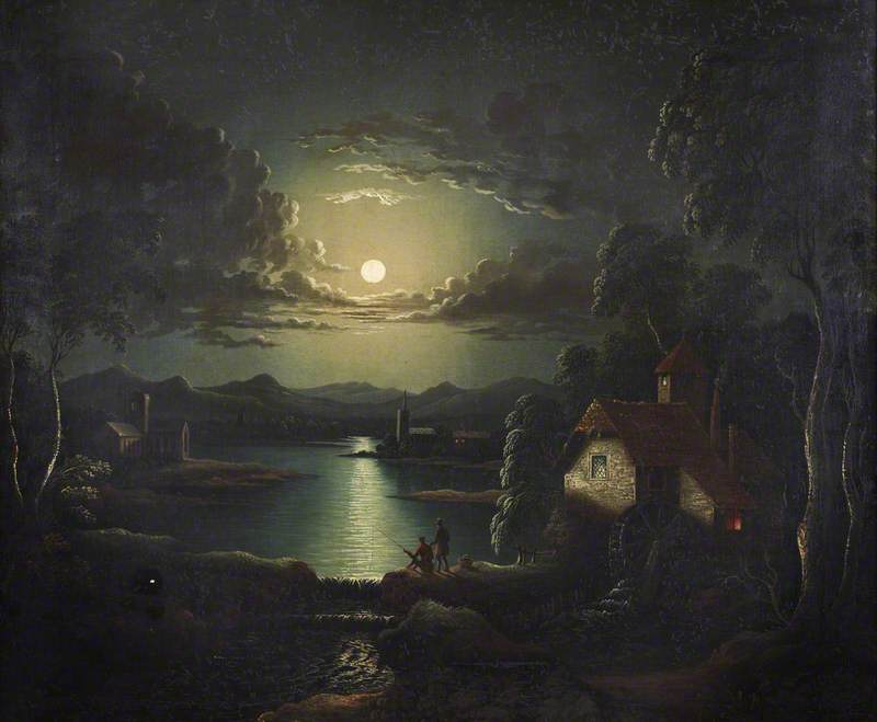 Moonlit River Estuary Landscape, with a Church, a Mill and Two Anglers