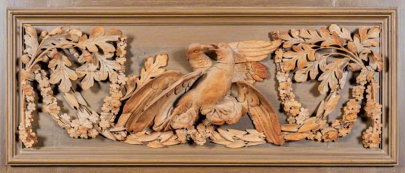 Carved Limewood Panel with Doves Feeding and Oaksprays