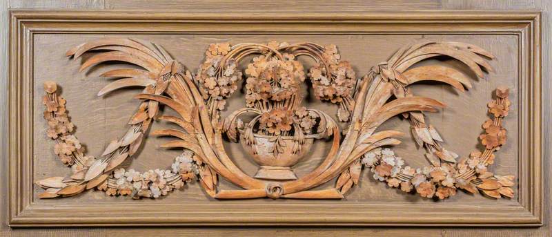 Carved Limewood Panel with Bouquet and Vase, Palm Sprays and Floral Swags