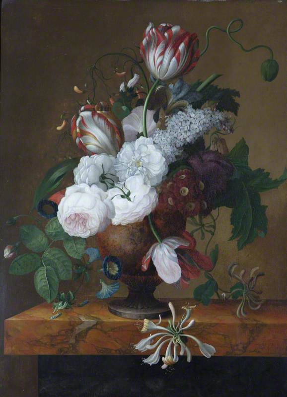 Tulips, Honeysuckle, Peonies and Roses in an Urn