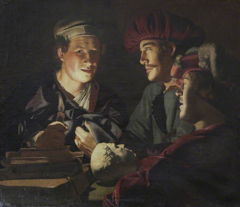 Three Men Examining an Antique Head by Candlelight