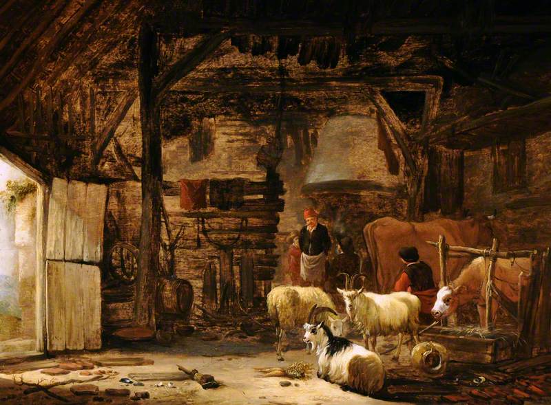 A Barn Interior with Goats, Cattle and Peasants
