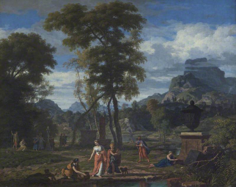 Classical Landscape with Greek Maidens Venerating a Statue of Pan amongst Tombs