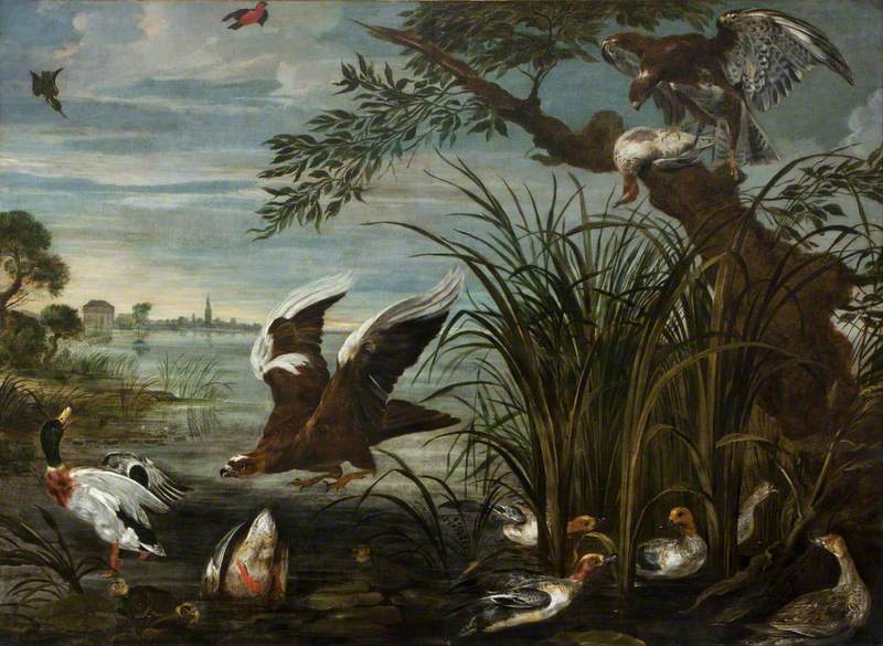 River Scene with Ducks and Geese Being Attacked by Hawks