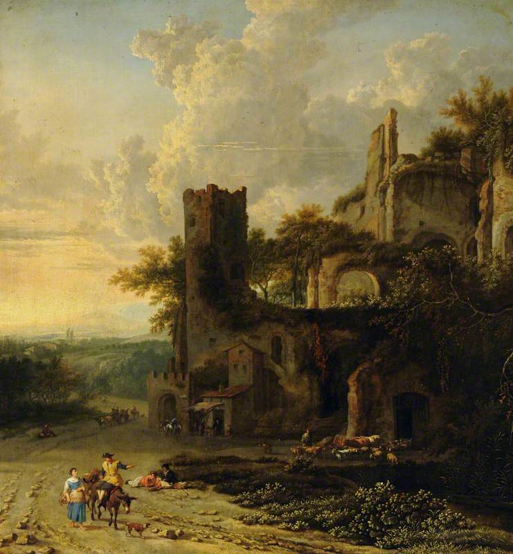 An Italian Landscape with Peasants by a Ruined Castle