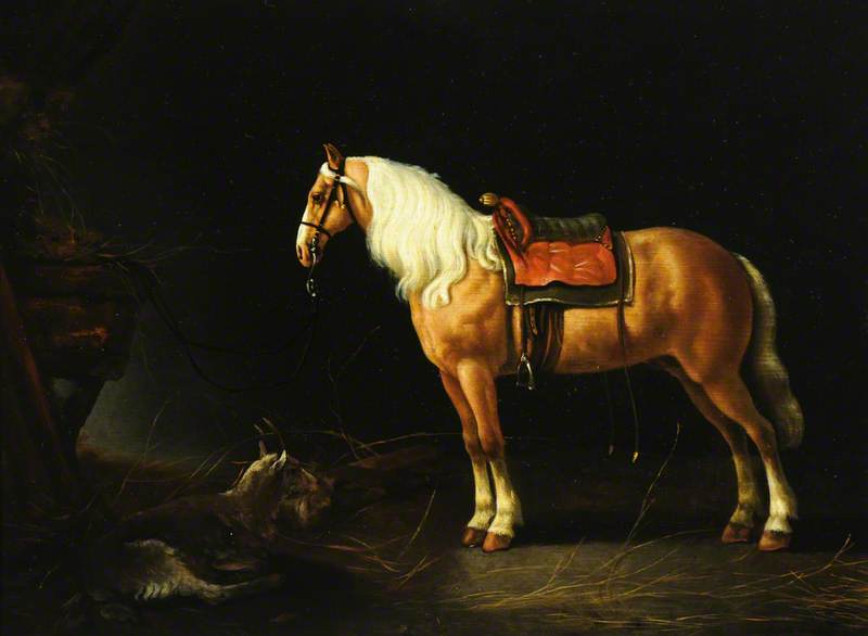 A Saddled Horse with a Goat in a Stable