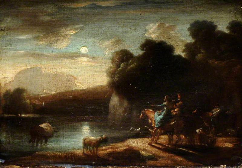 Moonlit River Landscape with Travellers on a Path
