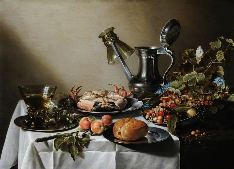 Still Life of Food, a Jug and Glasses on a Table