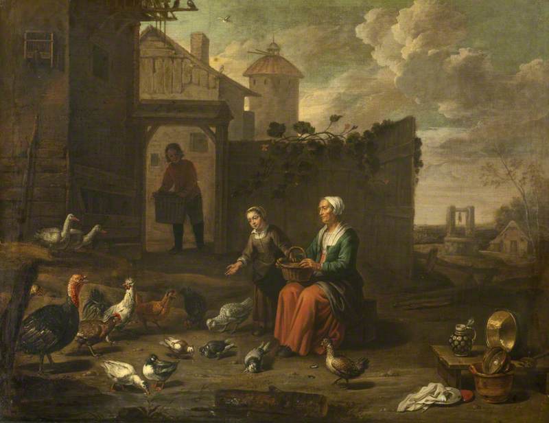 A Woman and a Girl Tending Poultry